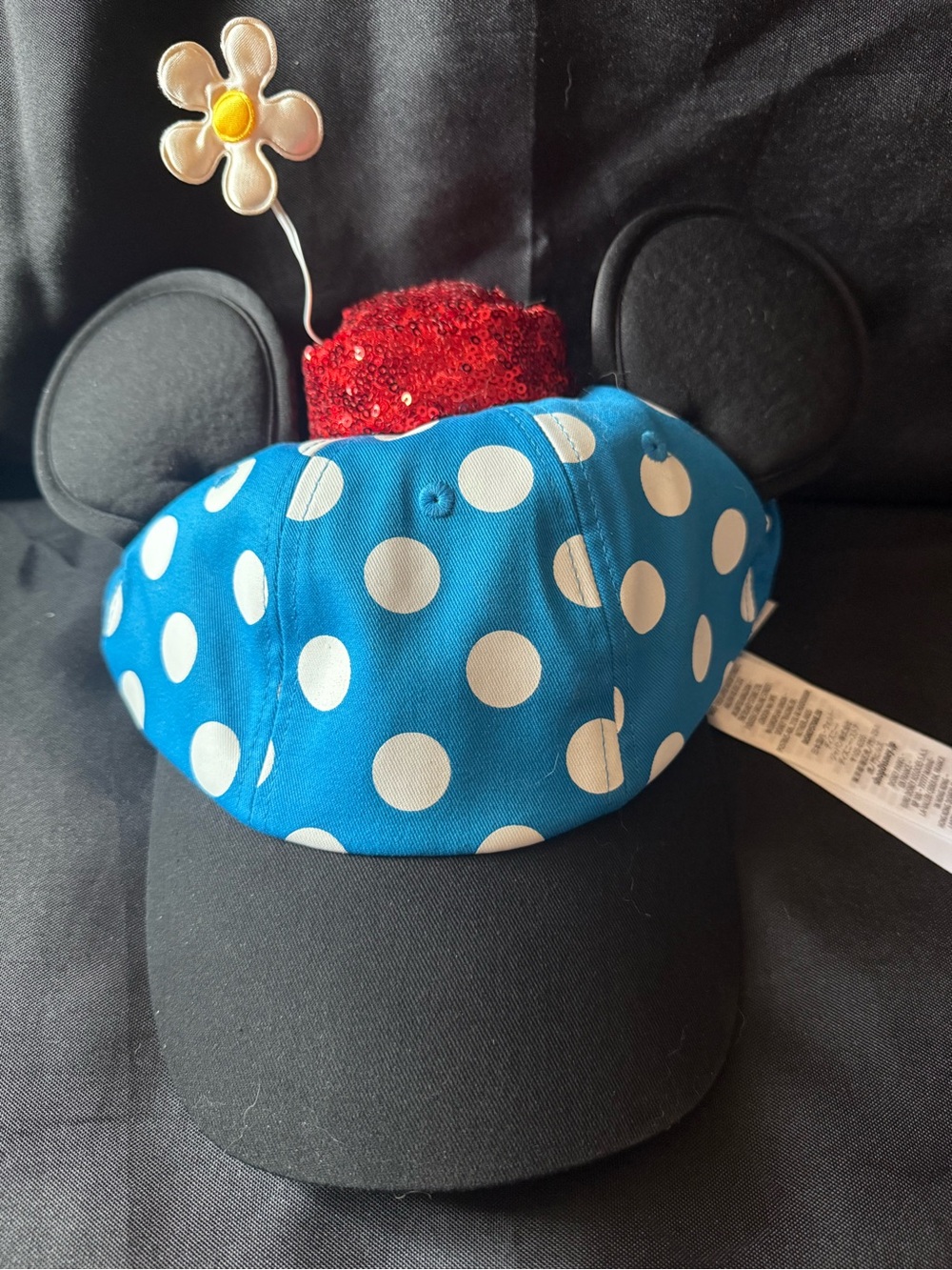 New Disney Minnie Mouse Polka Dot Ear Cap with Flower Accent